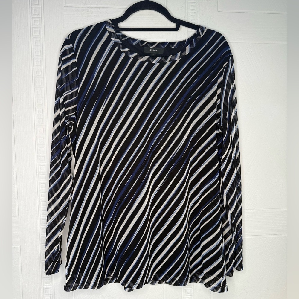 Alfani Black Blue White Abstract Print Layered Mesh Tunic Long Sleeve XL Top